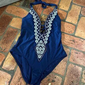 Kona Sol Navy Halter Crochet One Piece Swimsuit